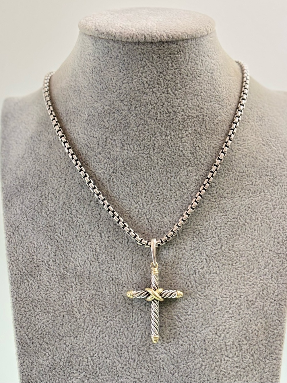 David Yurman 925 & 14k Gold Unisex Cable Cross Pendant Necklace 18"